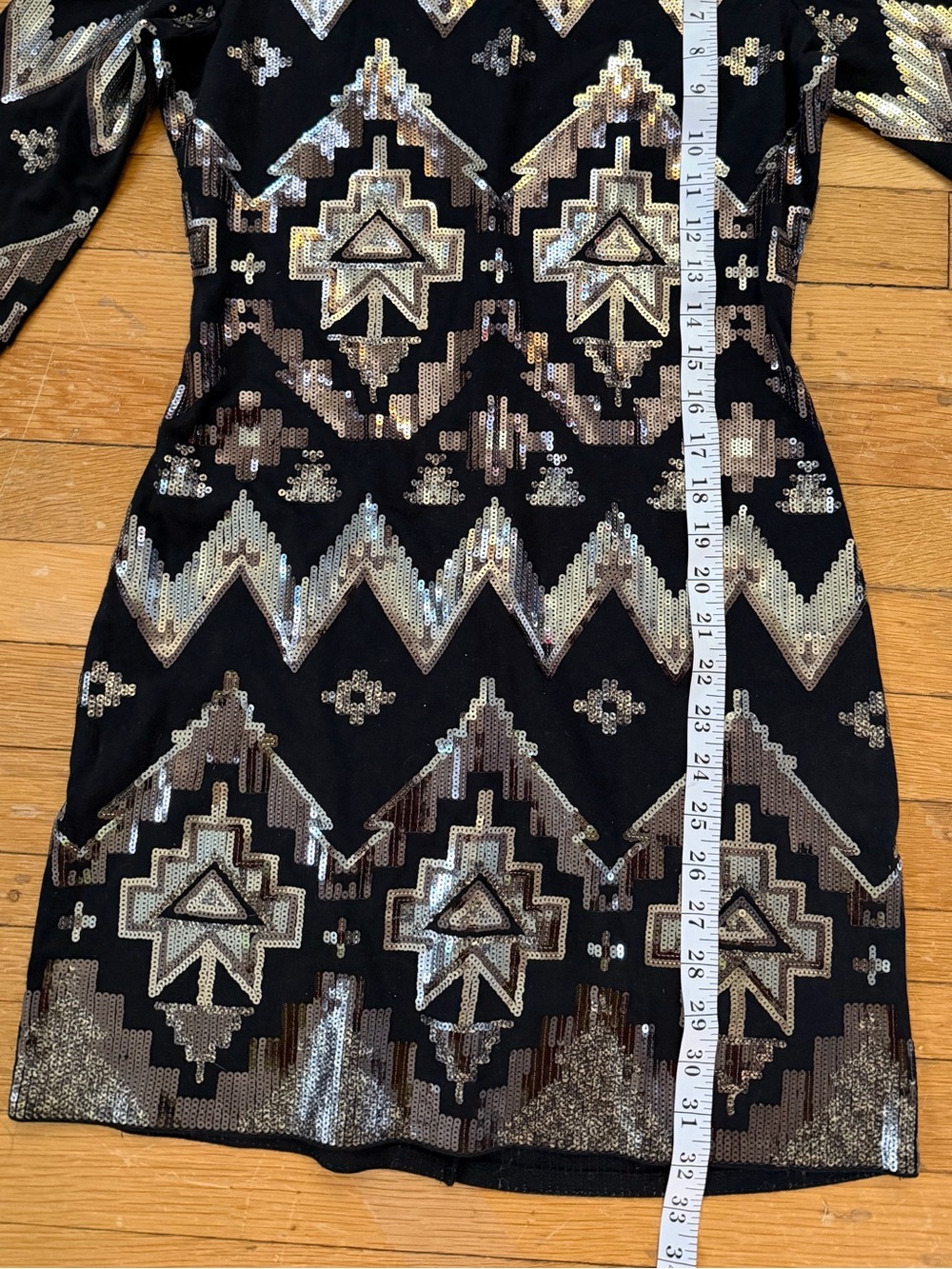 Express Black Long Sleeve Sequin Geometric Dress with Silver Accents